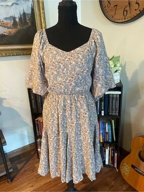 Mikarose Floral Puff-Sleeve Midi Dress